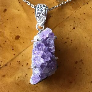 African Amethyst Geode Sterling Silver Stainless Steel Pendant Necklace